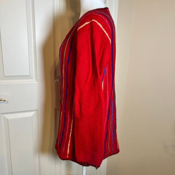 Handmade Peruvian 100% Alpaca Wool Sweater Art to Wear Red Multi Color Stripe - Picture 8 of 9